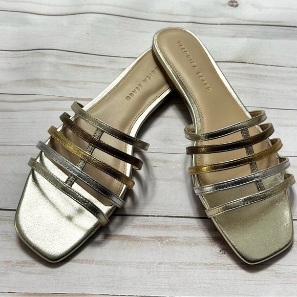 NIB Veronica Beard Mazon silver gold bronze metallic flats sandals, size 8.5 - Picture 2 of 9
